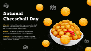 National cheeseball day a black themed slide with crispy cheeseballs, chili garnish, cheese icons, bold white text.