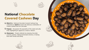 National Chocolate covered cashews day a beige and brown slide with a plte of chocolate cashews, bold text, and dessert.