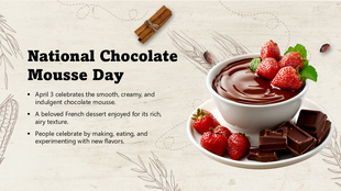 The national chocolate mousse day is a beige slide with a chocolate mousse bowl, strawberries, chocolate pieces, mint, and co