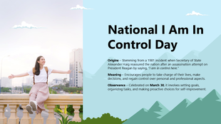 National I Am In Control Day a blue-themed slide with a joyful woman, cityscape, mountains, clouds, greenery and bold black.