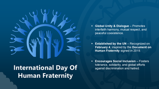 International Day Of Human Fraternity with hands, unity circle, human figures, and text on peace, inclusion, and interfaith.