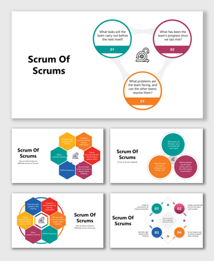 Scrum Of Scrums with circular and hexagonal diagrams showing tasks, progress, challenges, team collaboration.