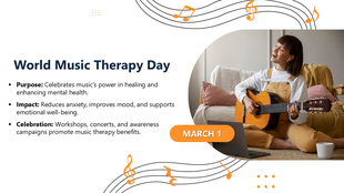 World Music Therapy Day with a woman playing guitar, music notes, and text on healing, mental health, and celebration details