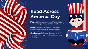 Read Across America Day with a child reading a book, American flag ribbon, and text on literacy, learning, and reading events