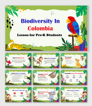 Biodiversity In Colombia Lesson for Pre K Students with rainforest, animals, birds, ocean life, flowers, and conservation.