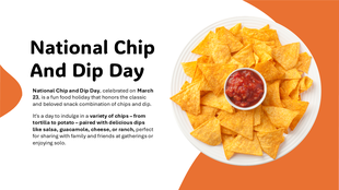 National Chip And Dip Day with a plate of tortilla chips, salsa dip, orange background, and text on snack varieties.