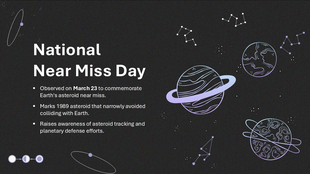 National Near Miss Day with planets, asteroid orbit, constellations, and text on asteroid tracking, space safety, awareness.