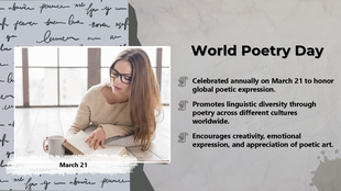 World Poetry Day slide featuring a woman reading, poetic script background, and key points on poetry’s importance.