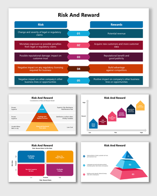 Risk And Reward comparison using charts, pyramids, and graphs to visualize financial, legal, and business decision trade-offs