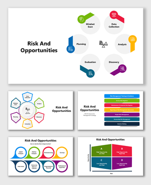 Risk And Opportunities slide with a circular diagram, SWOT, PESTLE, brainstorming, planning, evaluation, and risk management.