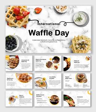 International Waffle Day slide with waffles, berries, yogurt, and marble texture, highlighting waffle history, significance.