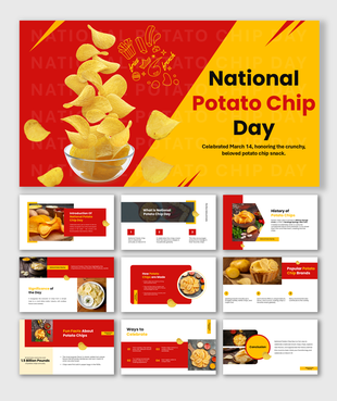 National Potato Chip Day slide with crispy chips, bold text, snack-themed graphics, and a yellow-brown theme celebrating.