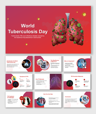 World Tuberculosis Day slide with infected lungs, TB awareness, symptoms, prevention, treatment, and global impact.