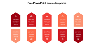 Vertical arrow shaped banners in red and orange shades, each featuring an icon and placeholder text areas.