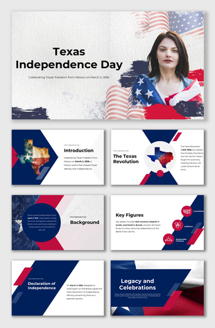 Texas Independence Day slide with patriotic colors, Texas map, key figures, revolution history, and modern-day celebrations.