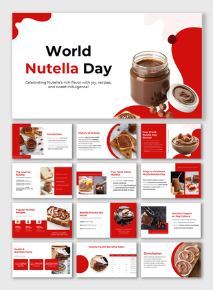 World Nutella Day slides with Nutella jar, toast, history, fun facts, recipes, celebrations, and global Nutella love.