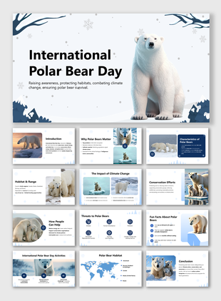 International Polar Bear Day slide highlights climate change, conservation, habitat protection, and polar bear facts.