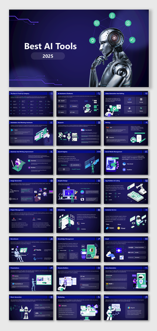 The Best AI Tools In 2025 slides featuring AI chatbots, automation, writing, design, coding, marketing & productivity.