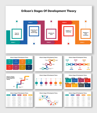 Erikson's Stages of Development Theory slides with psychological growth stages, key conflicts, identity, life span developme