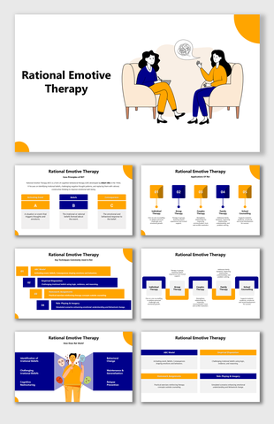 Rational Emotive Therapy slides with ABC model, cognitive restructuring, irrational beliefs, emotional regulation.