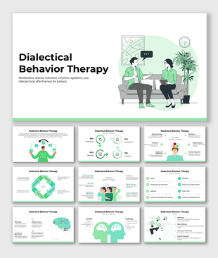 Dialectical Behavior Therapy slides with mindfulness, emotion regulation, distress tolerance, interpersonal skills.