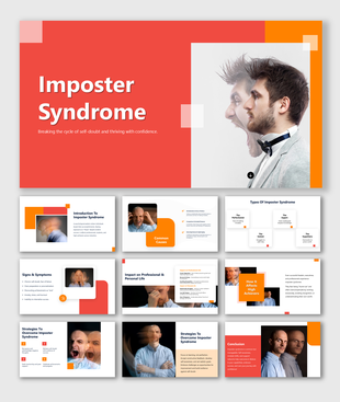 Imposter Syndrome slides with self-doubt, symptoms, causes, types, workplace impact, and strategies for confidence.