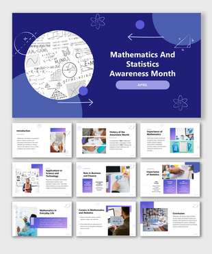 Mathematics And Statistics Awareness Month slides with blue theme, charts, graphs, students, and careers.