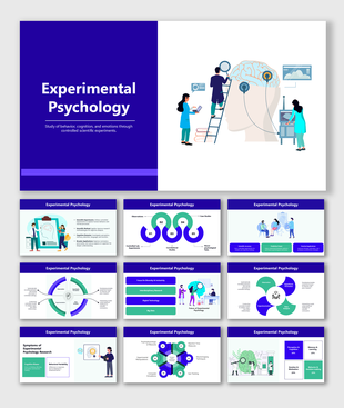 Experimental Psychology slides with brain scans, researchers, charts, blue accents, and data-driven visuals.