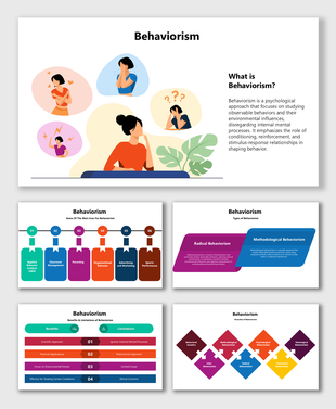 Behaviorism slide shows emotion icons, applications, types, benefits, and branches with colorful charts and labels.