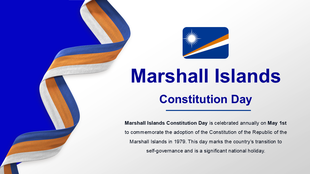 Marshall Islands Constitution Day banner with flag, curved ribbon in flag colors, and May 1 holiday info in text.