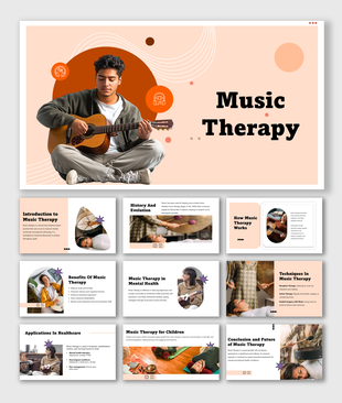 Music Therapy presentation with soft peach tones, guitar player, healing methods, child therapy, and health benefits.