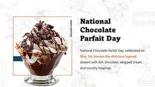 National Chocolate Parfait Day slide with creamy chocolate dessert, whipped cream, toppings, and marble background.