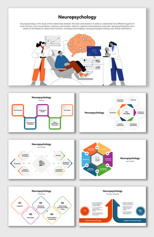 Neuropsychology slides show brain testing, key principles, cognitive functions using colorful shapes and flowcharts.