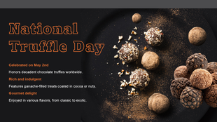 National Truffle Day with chocolate truffles on black plate, cocoa powder, nut toppings, and bold orange title text.