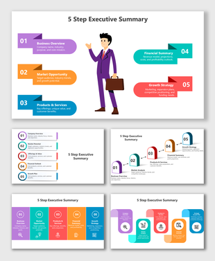 5 Step Executive Summary Response 9th Grade with colorful blocks, icons, text holders, arrows, and business growth visuals.