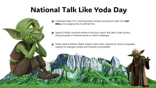 National Talk Like Yoda Day slide with cartoon and real Yoda, mountain scene, reversed speech tips, and celebration facts.