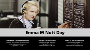 Emma M Nutt Day slide with vintage switchboard, honoring the first female telephone operator and her telecom legacy.