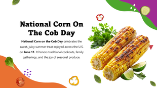 Grilled corn with lime and parsley on white backdrop, colorful veggie icons, bold title for National Corn On The Cob Day.