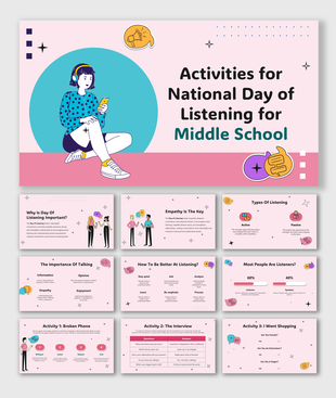 Activities for National Day of Listening for Middle School with empathy tips, charts, icons, and fun learning games.