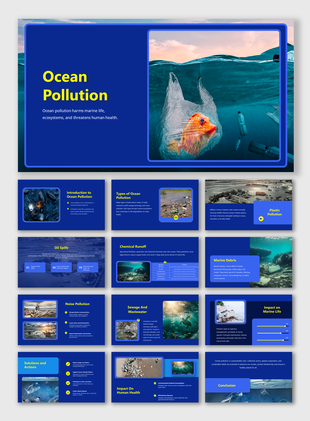Ocean Pollution slide deck featuring plastic waste, oil spills, marine debris, and impacts on life and health.