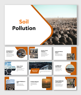 Soil Pollution: Depicts polluted soil with waste and chemicals, highlighting harmful environmental impacts.