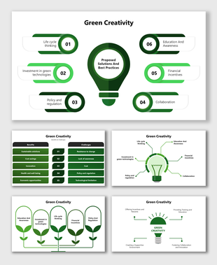Green Creativity Presentation with green gradient designs, lightbulbs, leaf icons, and solutions for sustainability.