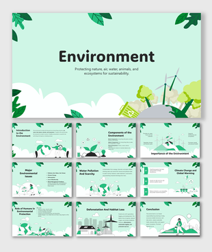 Environment Theme slide shows eco-friendly icons, trees, wind turbines, and green elements promoting sustainability.