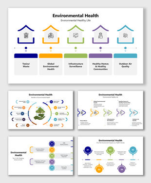 Environmental Health infographic highlighting topics like toxics, healthy communities, and air quality with vibrant colors.