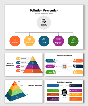 Pollution Prevention diagram highlighting steps: Reduce, Eliminate, Treat, Segregate, and Dispose waste effectively.