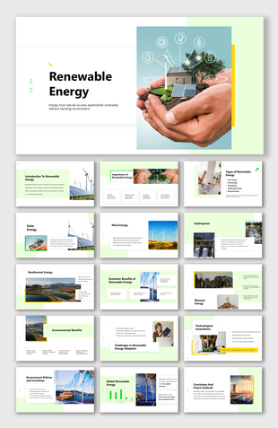 Renewable Energy concepts with solar, wind, geothermal, and biomass; covers benefits, challenges, and global trends.