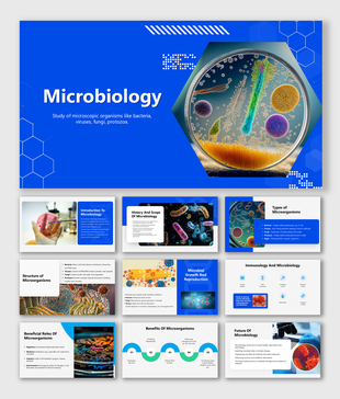Microbiology slides with blue background, showcasing microorganisms, their structure, types, growth, and benefits.