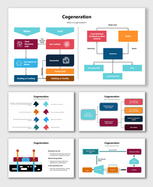 Cogeneration process showing water, fuel, heat recovery, and waste for generating electricity, steam, and fuel.