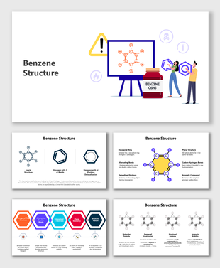 Benzene Structure slide deck with C6H6 formula, hexagonal rings, pi bonds, 3D models, and colorful step-by-step visuals