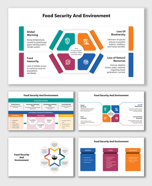 Food Security And Environment slides show hexagons, icons, color blocks, and charts linking climate to food system impacts